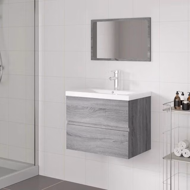 Set di mobili da bagno moderno vidaXL con mobile sottolavabo e armadietto specchio in legno e plastica, bianco e grigio, L/P/H: 60 x 38,5 x 45 cm – 1