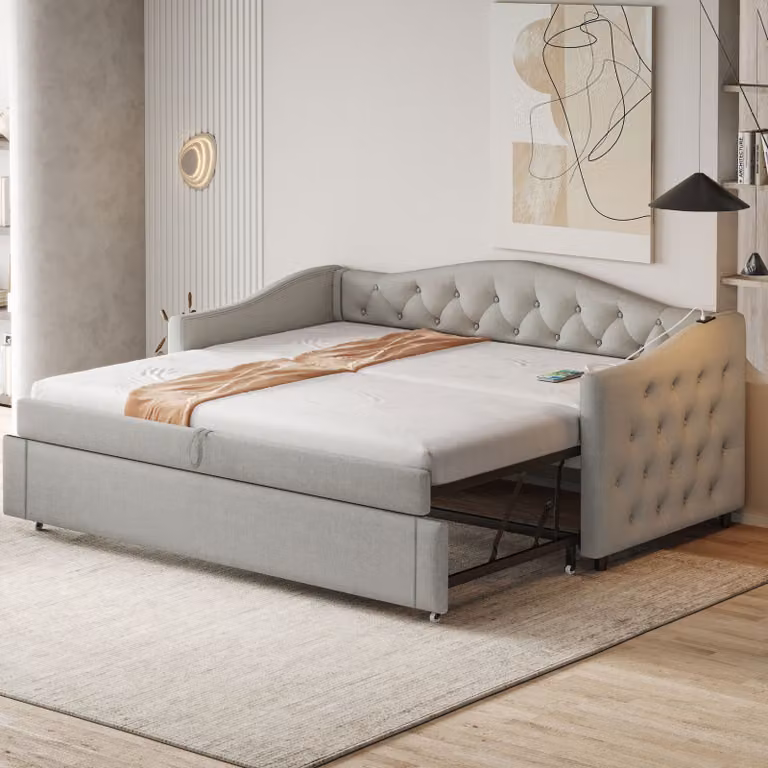Letto imbottito Flieks 90x200cm con letto estraibile 90x190cm, letto funzionale daybed con rete a doghe, letto per ragazzi con USB, biancheria da letto in legno, grigio