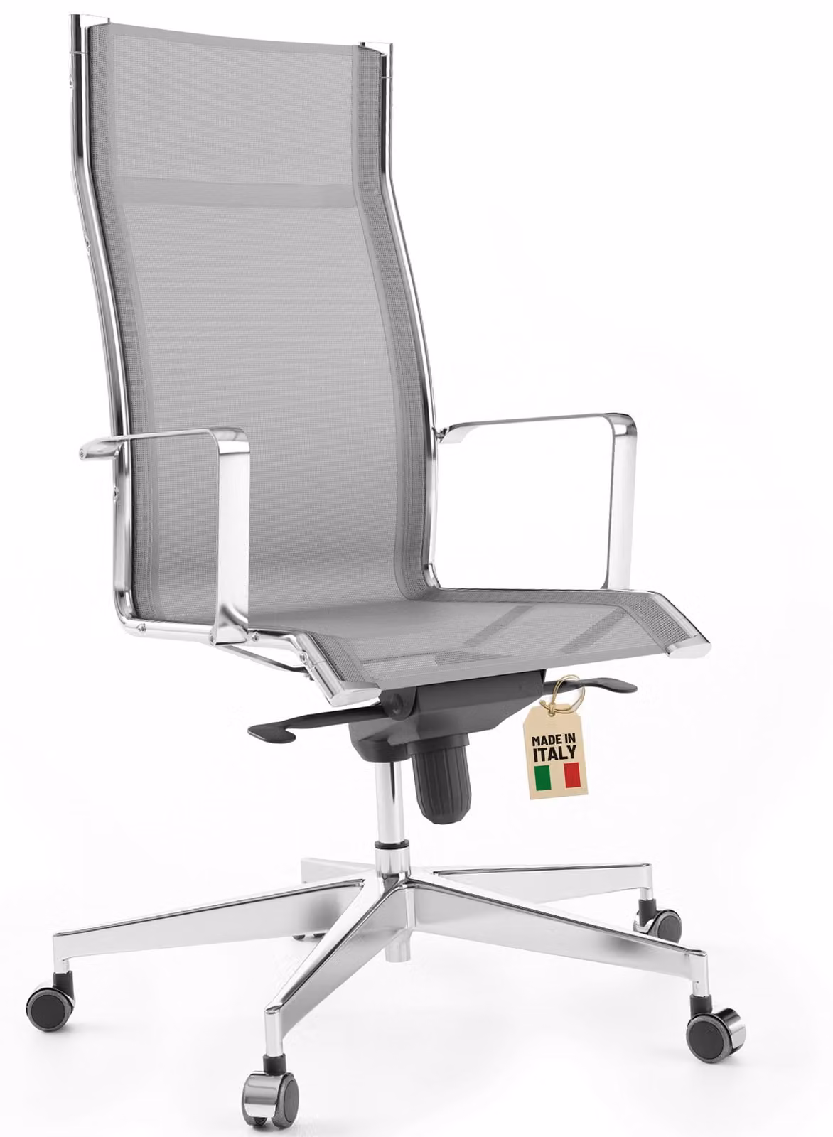 Sedia da ufficio ergonomica, cromata/grigia - Schienale alto - Materiale a rete - Giratoria