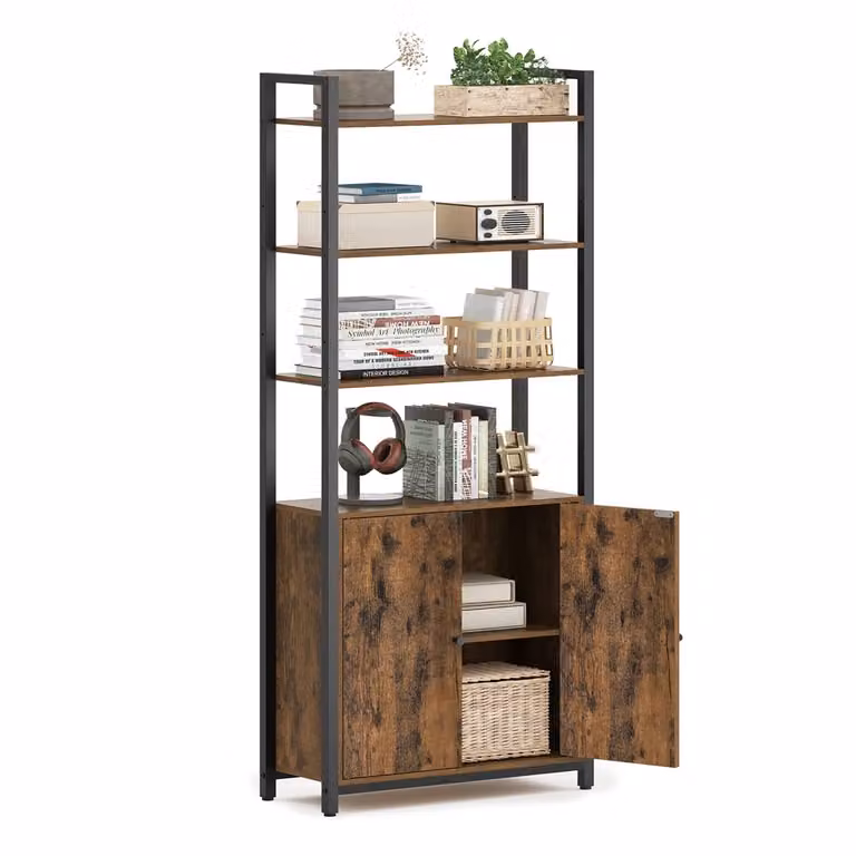 Libreria Scaffale Verticale con Anta Struttura in Metallo Ripiani Regolabili, Marrone Vintage + Nero Inchiostro / 24 x 60 x 159,5 cm