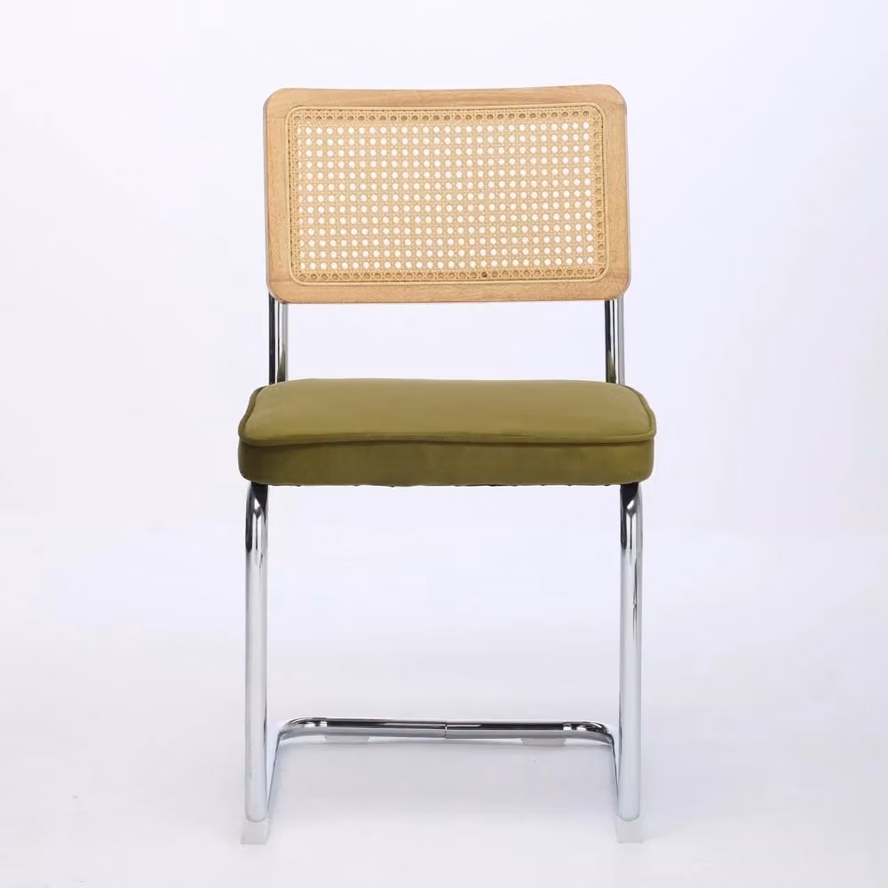 Set di 2 sedie da pranzo Minimal in velluto verde oliva con schienale in rattan e struttura in metallo – 2