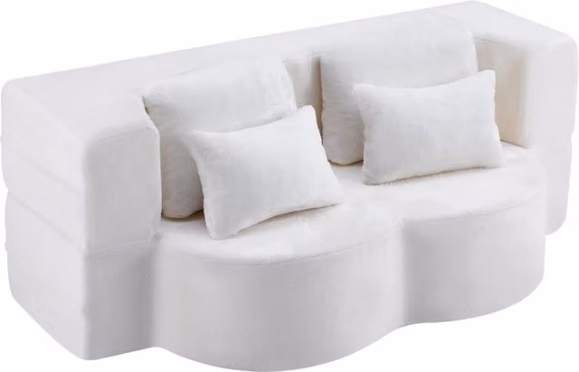 Divano a pavimento moderno bianco con 4 cuscini, materasso pieghevole in schiuma ad alta densità, comodo divano in flanella per soggiorno e camera da letto, senza montaggio