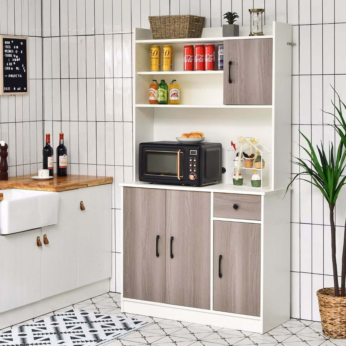 Costway Armadio da Cucina Alto con Stazione di Ricarica Integrata e Ante in Vetro, Bianco, L 100 x P 40 x H 180 cm – 3