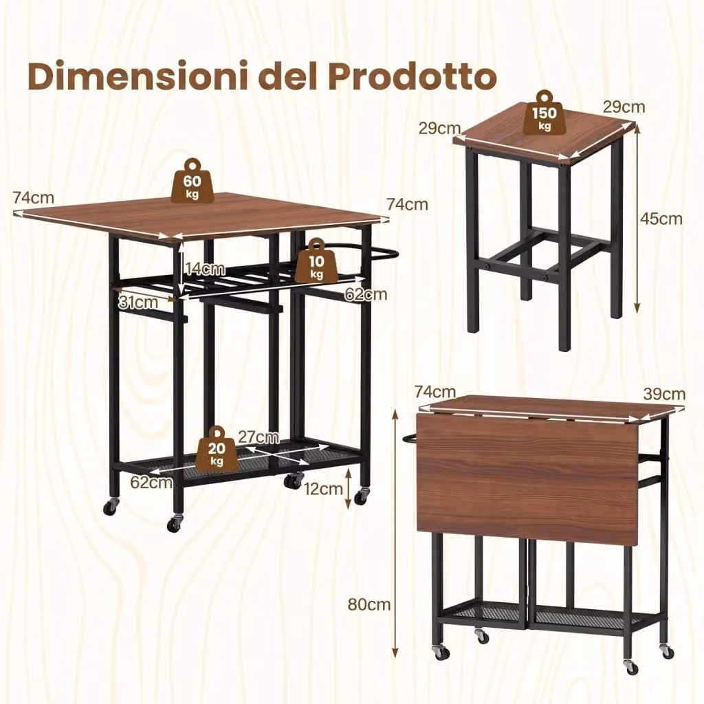 Set Tavolo da Pranzo Salvaspazio Costway con 2 Sgabelli con Ruote, Tavolo Estendibile con Portabottiglie e Ripiani, Marrone – 2