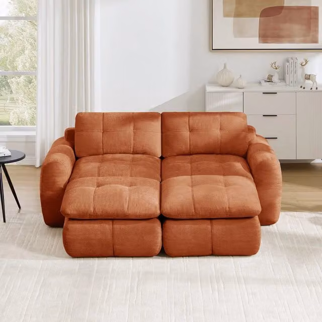 Divano 2 posti con 2 poggiapiedi ¨C Minimal ¨C Arancione, rivestimento chenille trapuntato, senza montaggio
