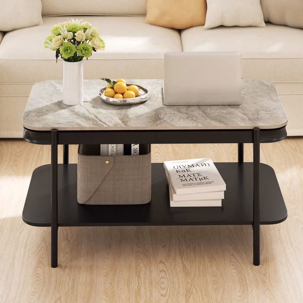 Tavolino da caffè rettangolare moderno DESIGN IN con ripiano in pietra sinterizzata e struttura in metallo, colore grigio, 2 livelli – 2