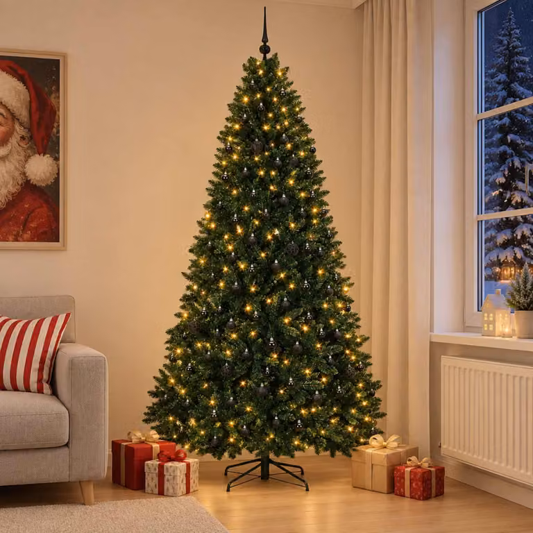Albero di Natale artificiale, color verde scuro, con decorazioni a forma di palline, altezza 270 cm