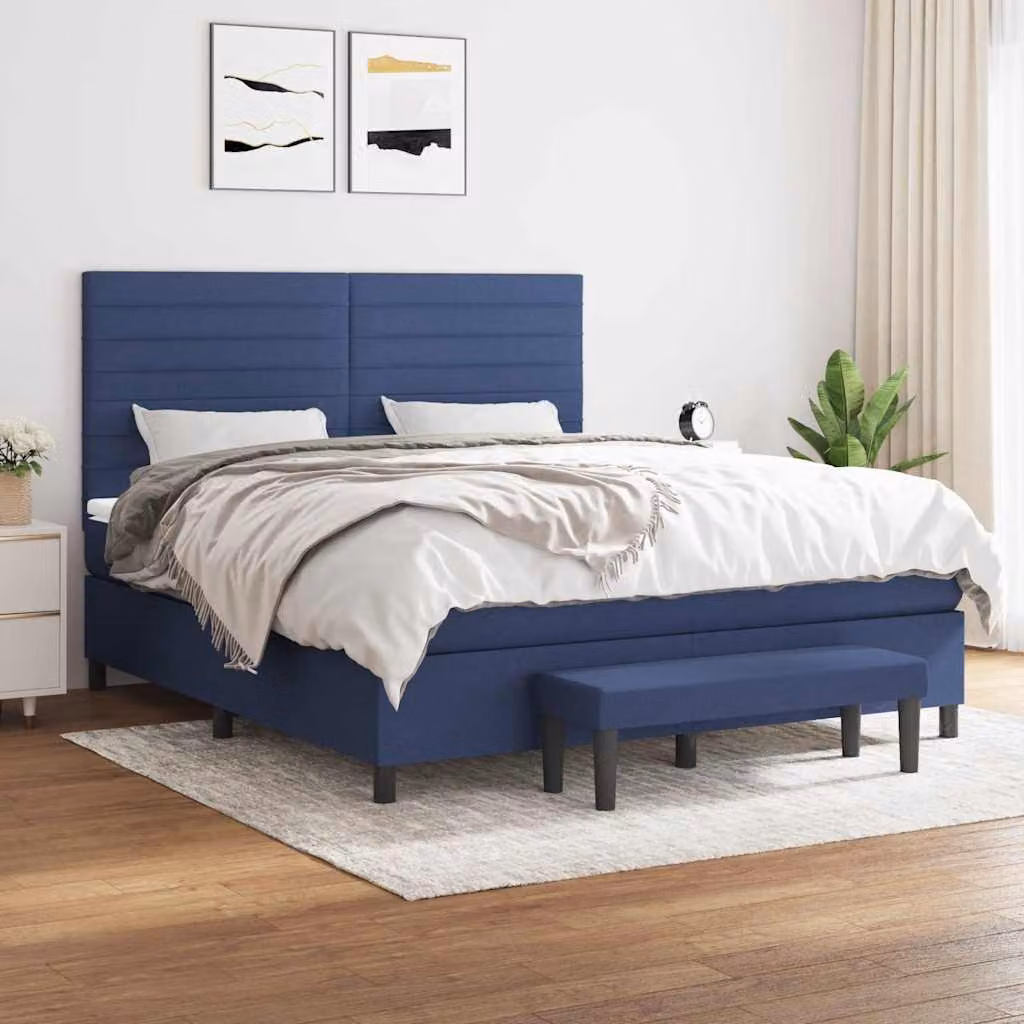 vidaXL Letto Ibrido con Giroletto a Molle e Materasso in Tessuto Blu e Bianco, L/P/H: 180 x 200 cm – 1