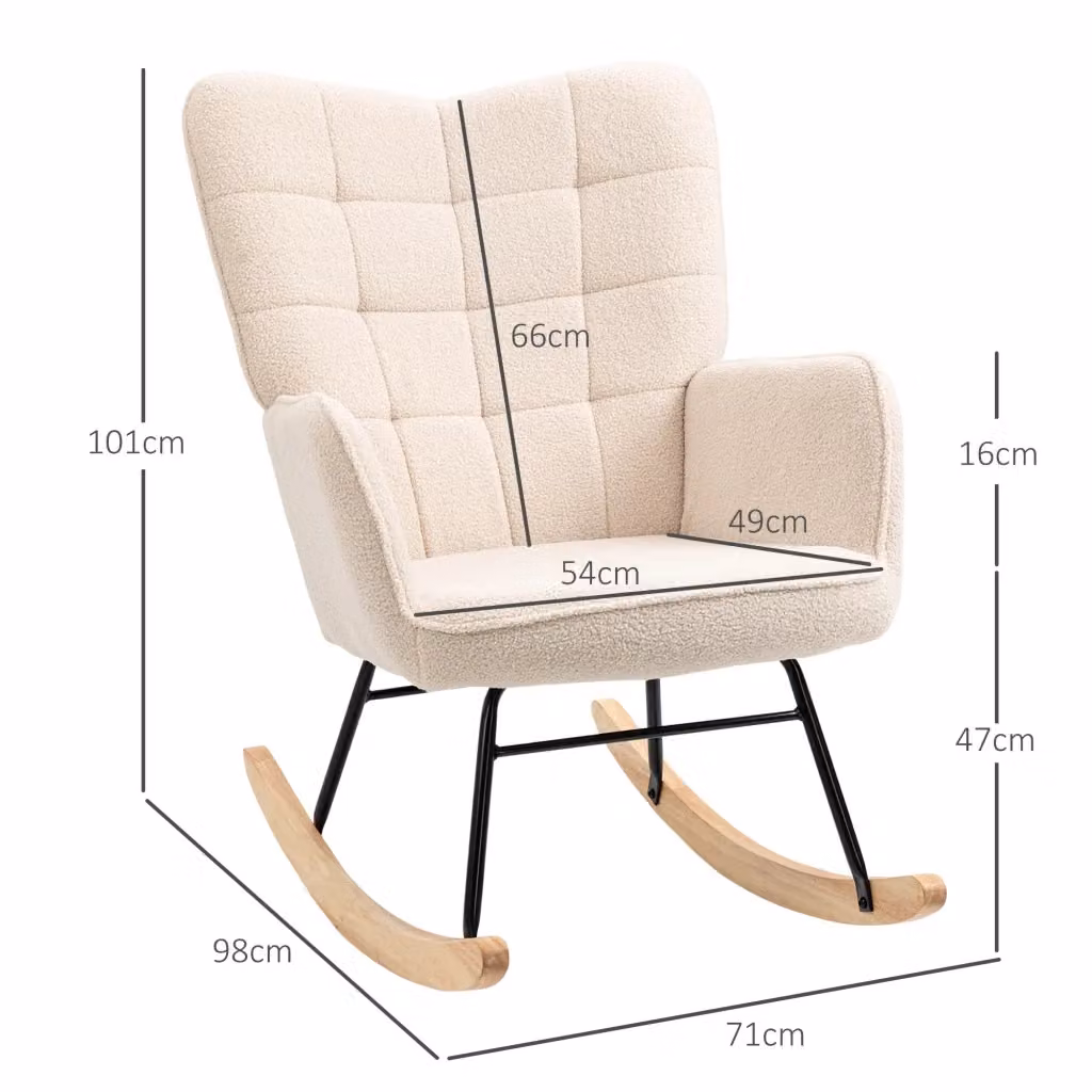 Sedia a dondolo relax WISHDOR con rivestimento in tessuto bouclé beige e struttura in legno di faggio e metallo, L: 71 cm, P: 98 cm, H: 101 cm – 2