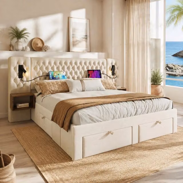 Letto matrimoniale Mivray in velluto beige con 4 cassetti, comodini integrati, luci da lettura e porte USB Type-C, L/P: 160 x 200 cm