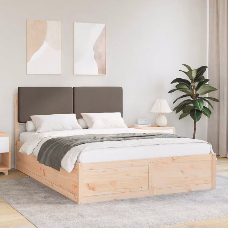 Letto con Testiera Rivestita in Tessuto e Pino Massello vidaXL, L/P/H: 140 x 200 x 145,5 cm, Colore Beige/Grigio