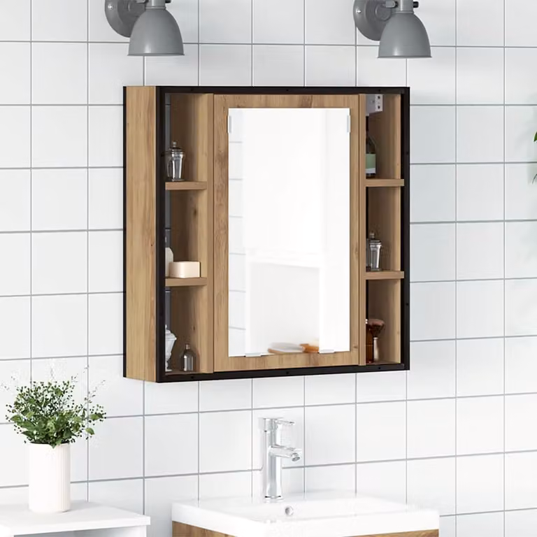 Mobiletto da bagno con specchio vidaXL in rovere e vetro, colore marrone, L 60 cm x P 16 cm x H 60 cm