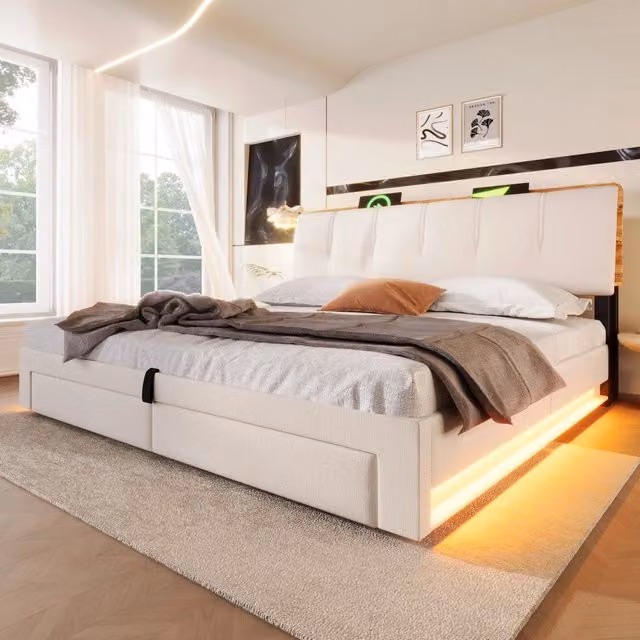 Letto matrimoniale 180 × 200 cm con vano idraulico, 2 cassetti, USB, porta tipo C e LED, senza materasso, lino beige