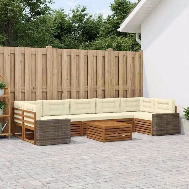 Set di divani da esterno vidaXL composto da 8 pezzi in legno di acacia e rattan con cuscini in poliestere color beige e bianco per giardino o terrazza – 1