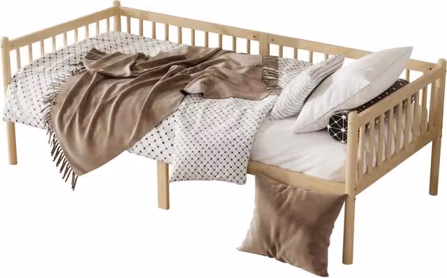 Letto a divanetto in legno di pino naturale con sponda e spazio sottostante L/P/H: 208.5 x 90 x 72.4 cm