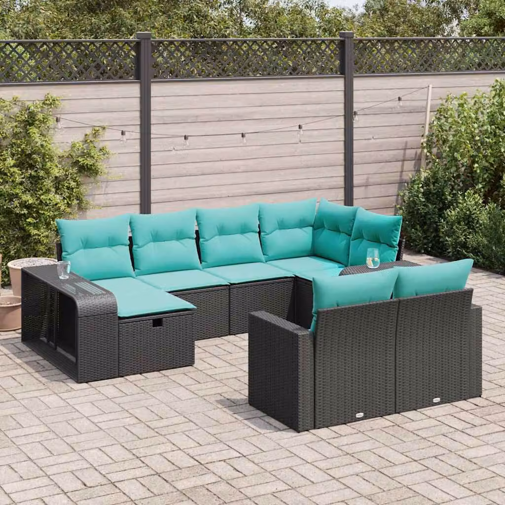 Set di Divani da Giardino vidaXL a Forma di U composto da 10 Pezzi con Cuscini, Struttura in Metallo e Polyrattan Nero e Blu Turchese