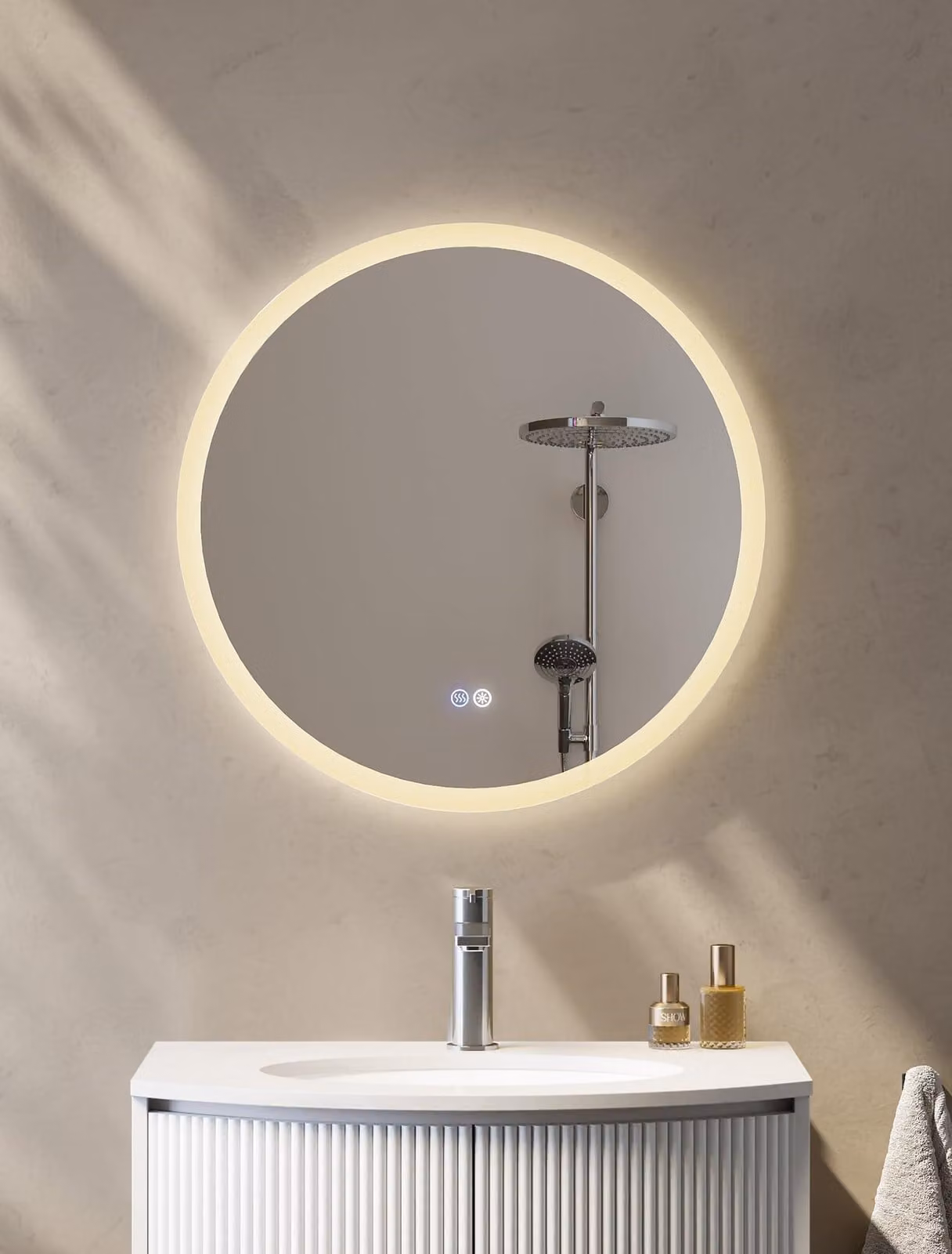 Specchio da bagno LED rotondo, diametro 60 cm, con dimmer, 3 colori, interruttore touch