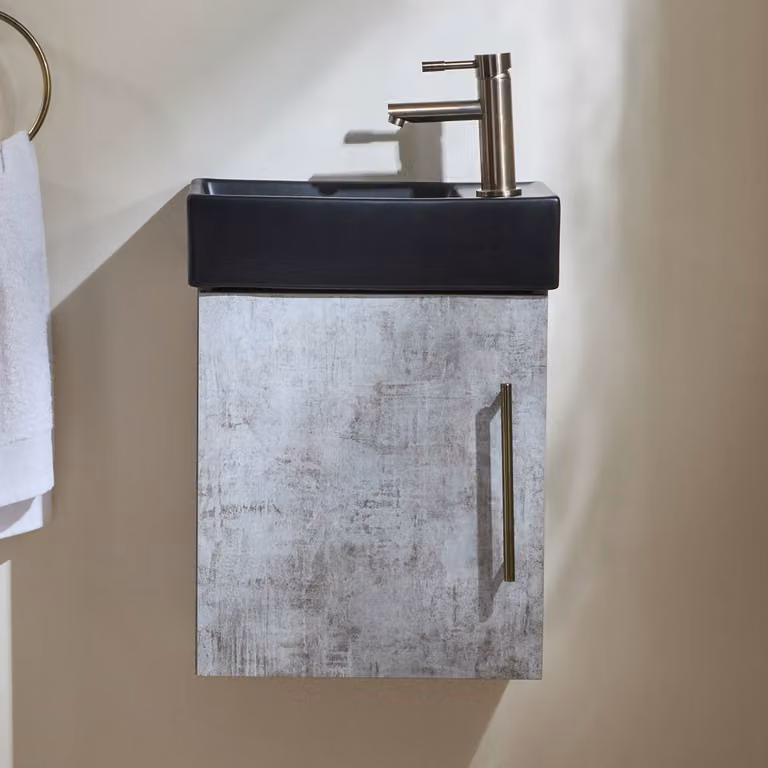 Mobile Bagno Grigio Cemento Sospeso da 400mm con Lavabo Nero e Maniglia con Barra a T in Ottone Spazzolato - Cluo