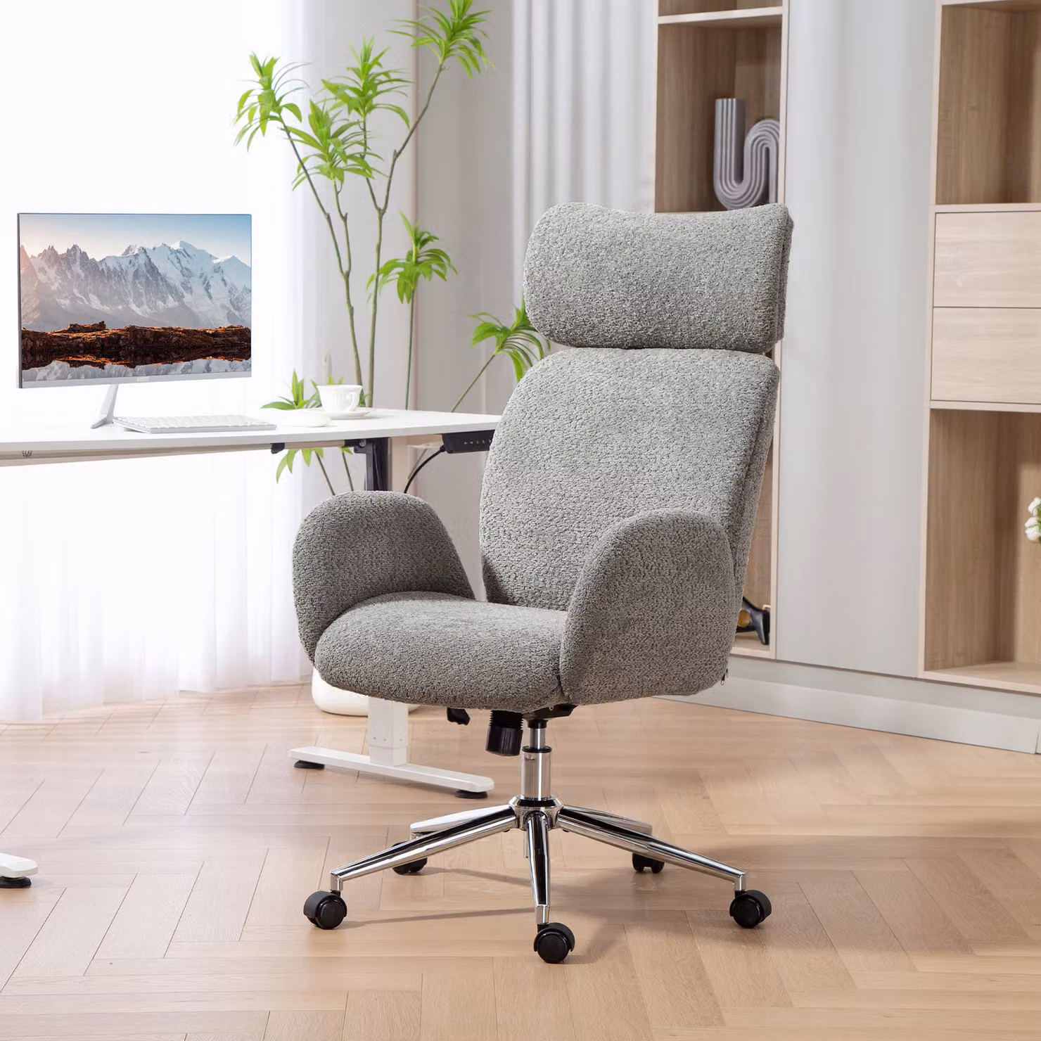Sedia da ufficio ergonomica HOMCOM con poggiatesta regolabile e braccioli, colore grigio antracite in tessuto bouclé – 2