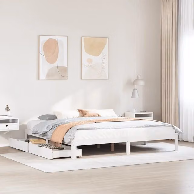 Letto con giroletto e cassetti vidaXL in legno massello di pino bianco L/P/H: 200 x 200 x 30 cm
