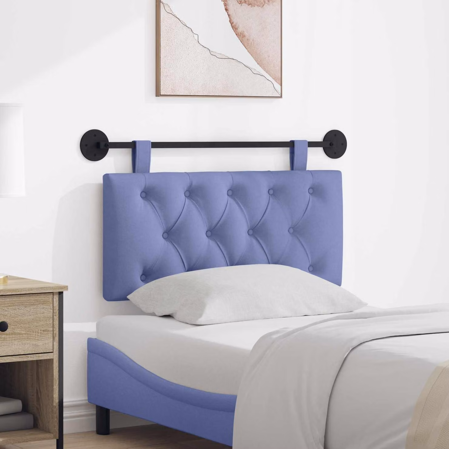 Testiera per letto sospesa vidaXL in tessuto blu jeans con pannello imbottito e struttura in legno e metallo L 90 cm x H 55 cm x P 7 cm