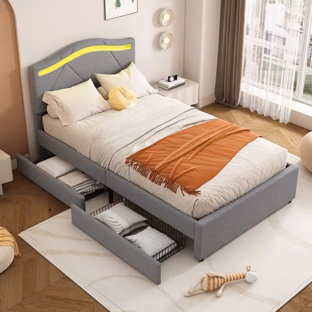 Letto REDOM con LED e 2 cassetti in tessuto e MDF Grigio L/P: 90 x 200 cm