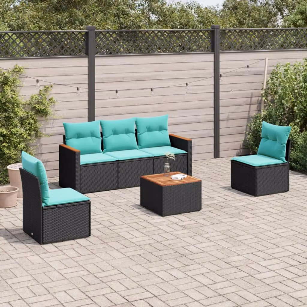 Set da giardino moderno vidaXL composto da 6 pezzi con divano da esterno a 3 posti, tavolino da caffè e cuscini blu, struttura in metallo e rattan con rivestimenti rimovibili resistenti ai raggi UV