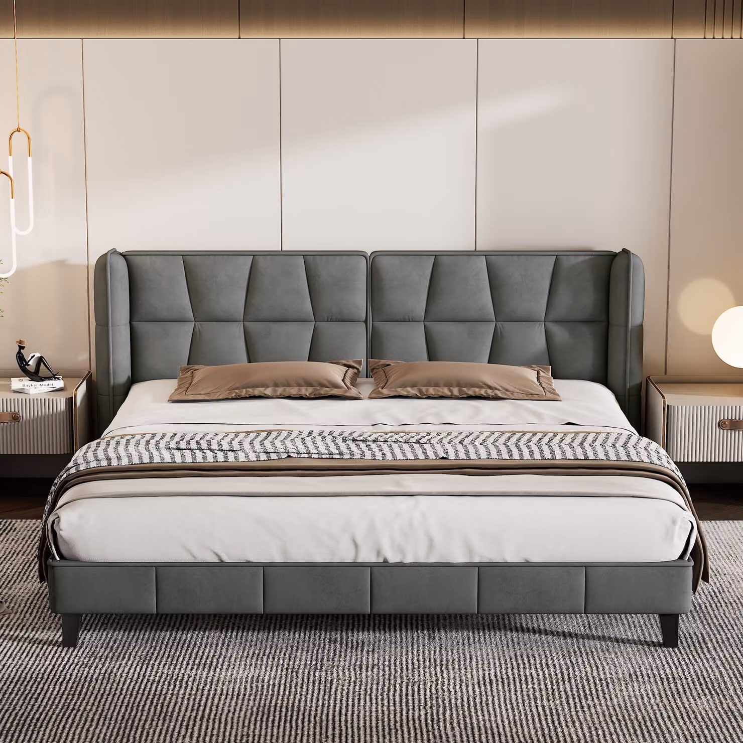 letto imbottito okwish 180*200 con rete a doghe e testata, letto per ragazzi, letto per adulti e adolescenti, rete in legno, velluto, grigio