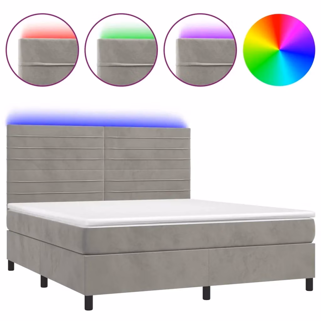 Letto matrimoniale con materasso ibrido vidaXL in velluto grigio chiaro con illuminazione LED e porta USB L/P/H: 180 x 200 x 203 cm – 2
