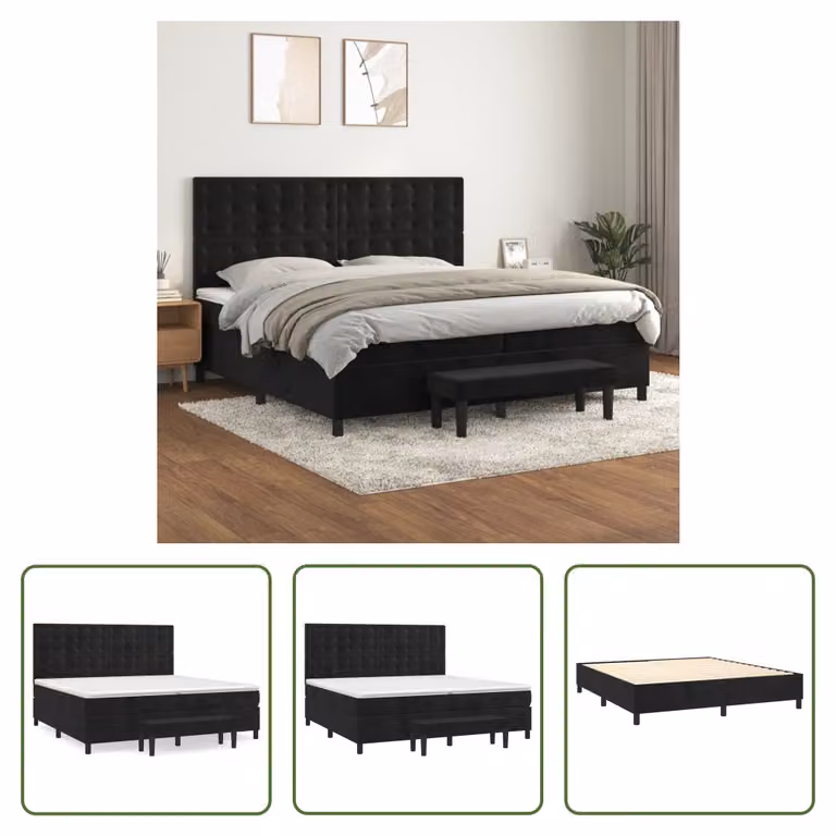 The Living Store Letto a molle con materasso nero 200x200 cm in velluto