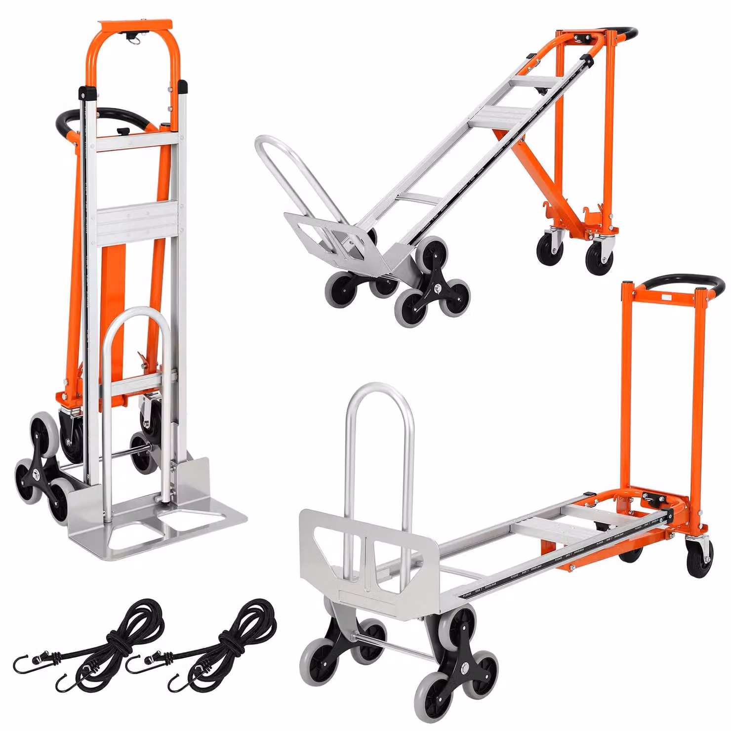 Carrello pieghevole 3 in 1 – Carrello per il trasporto su scale – Capacità di carico: 350 kg – Ruote fisse – Alluminio – Arancione e argento