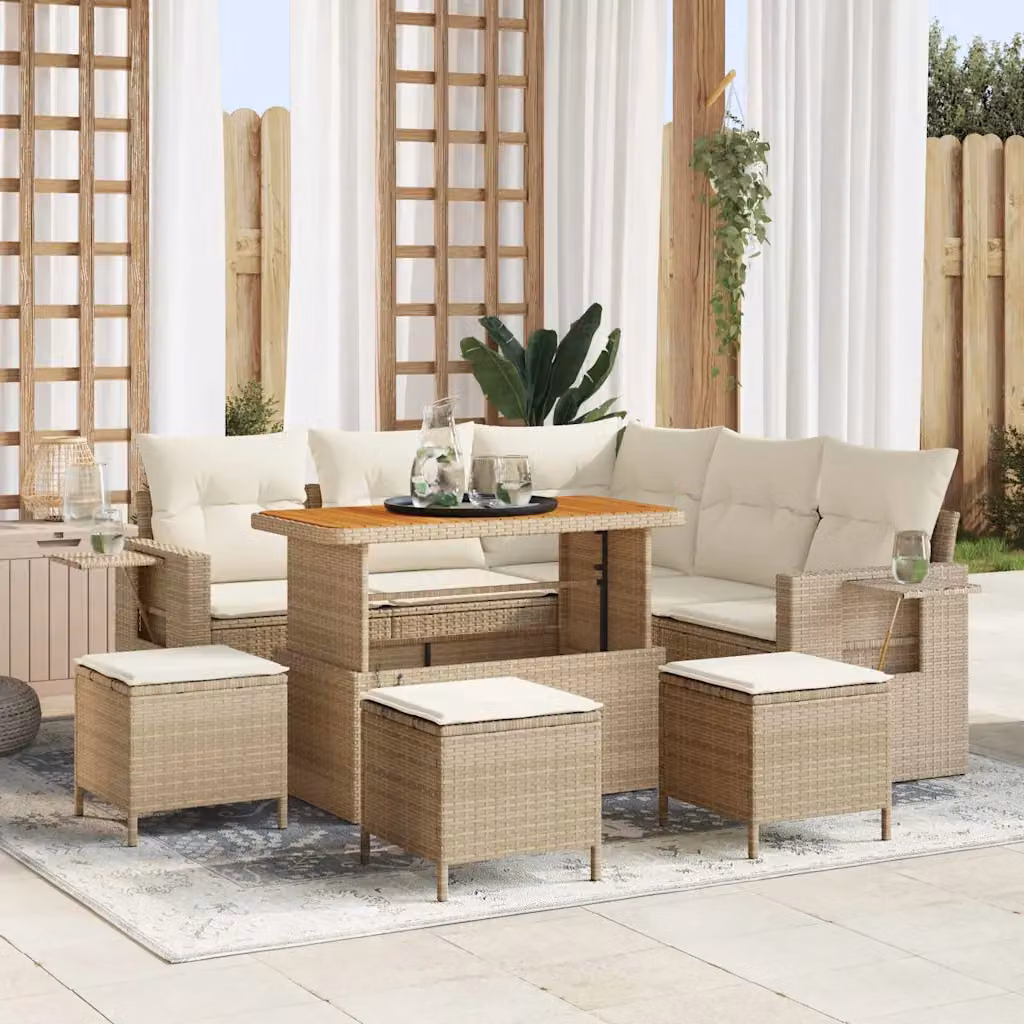 Set Divano da Giardino vidaXL 10 Pezzi a Forma di L con Tavolino e Cuscini Beige e Bianco – 1
