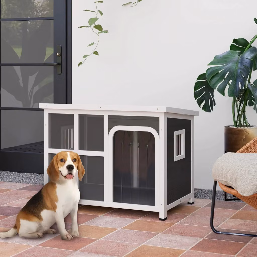 Cuccia per cani Giordanoshop in legno di abete grigio con tetto rimovibile e pavimento rialzato L: 62 cm, P: 90 cm, H: 71 cm – 2