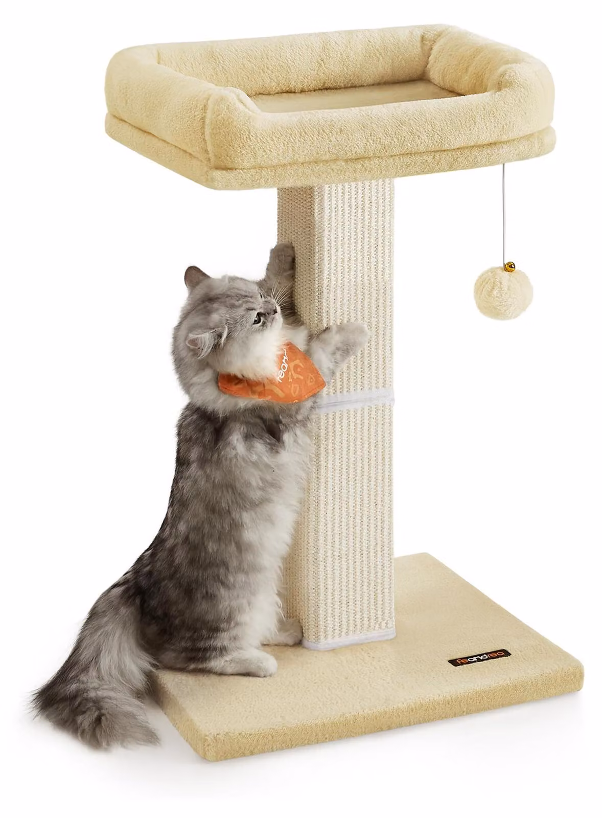 Feandrea, tiragraffi per gatti con piattaforma di 40 x 30 cm rivestita in peluche, palo per graffiare, tiragraffi per gatti, altezza 71 cm, colonna per graffiare spessa 10 cm rivestita in sisal intrecciato, con pallina in peluche, colore beige, modello PC