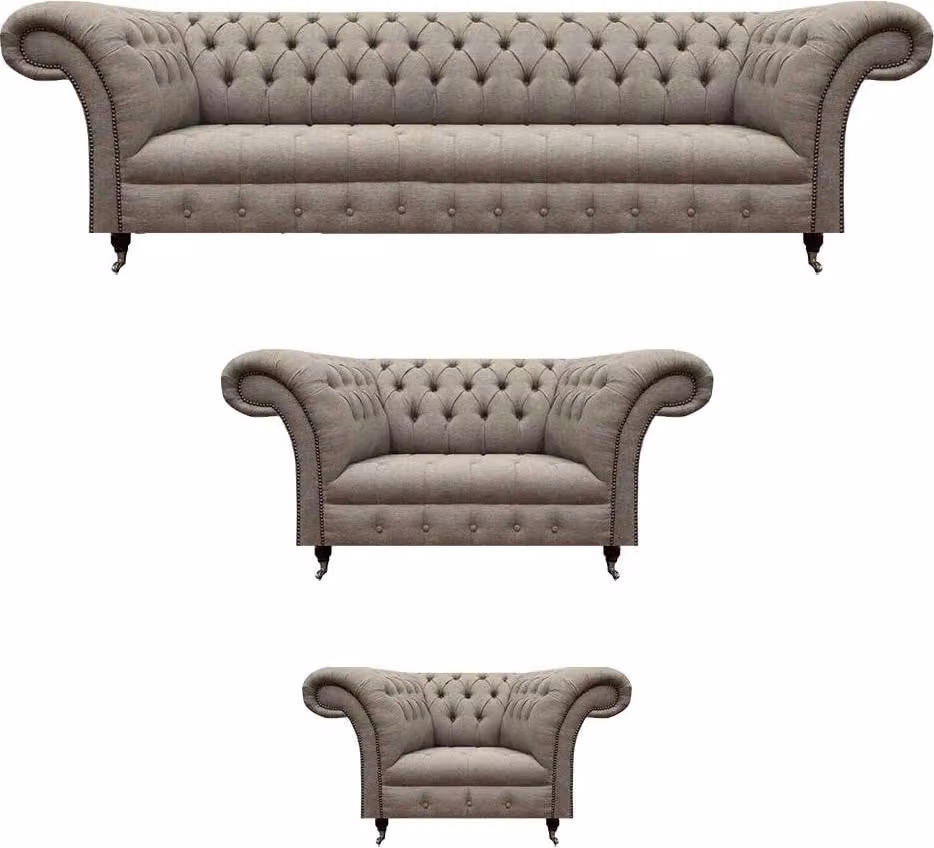 Designer Sofa Set Grau Textil Polster Garnitur 3tlg Wohnzimmer Chesterfield