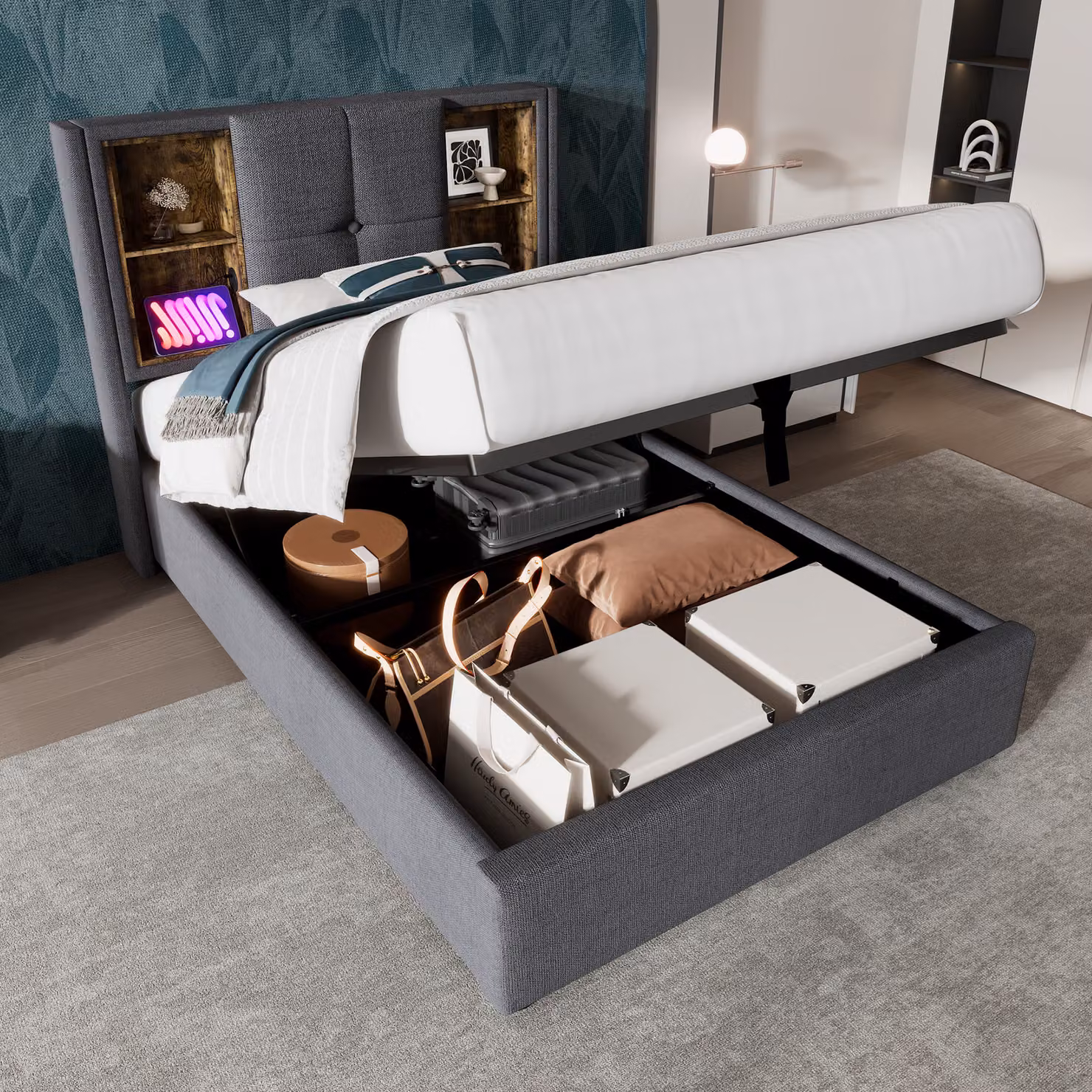 MODFU Letto a cassettone 90 x 200 cm - Letto singolo imbottito con stazione di ricarica USB e base a doghe di legno - Senza materasso - Grigio