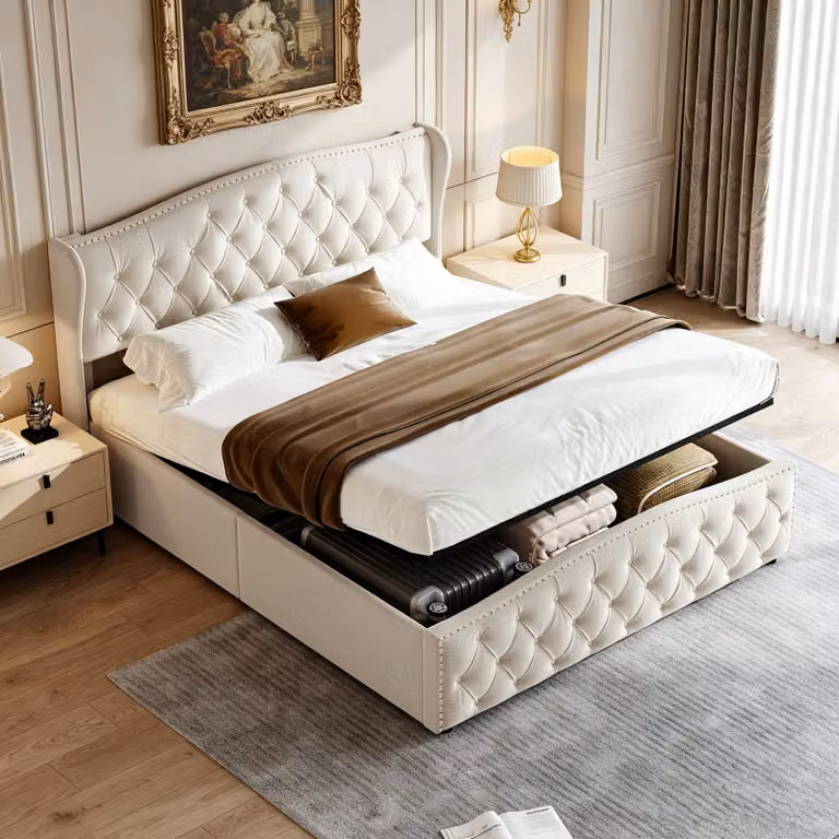 Letto matrimoniale con boxspring 160x200 cm, completo di rete a molle, rivestito in velluto, con spazio contenitore, base imbottita idraulica con cassettone, letto per adulti, color beige