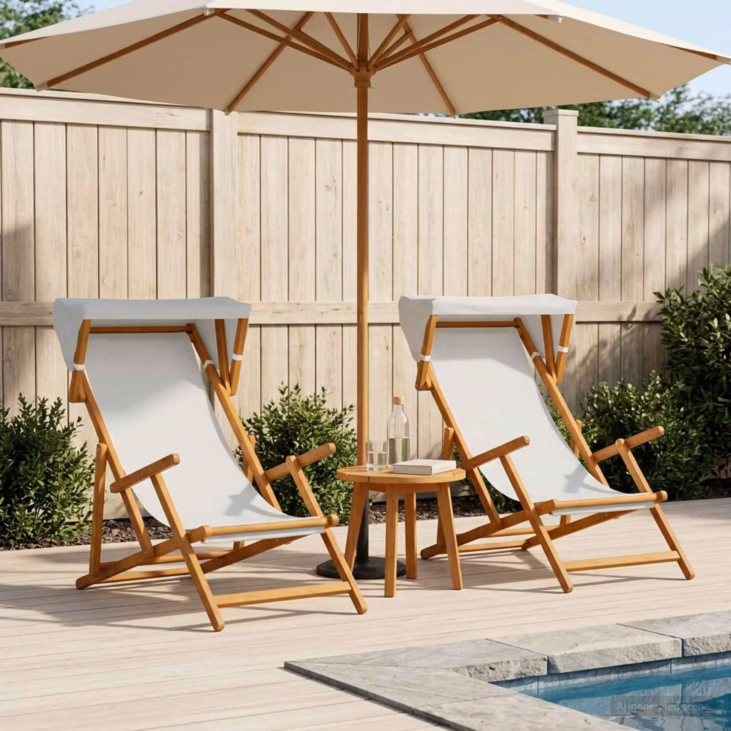 Set di 2 lettini prendisole vidaXL in legno di eucalipto massello con poggiatesta regolabile e tessuto resistente ai raggi UV, colore beige