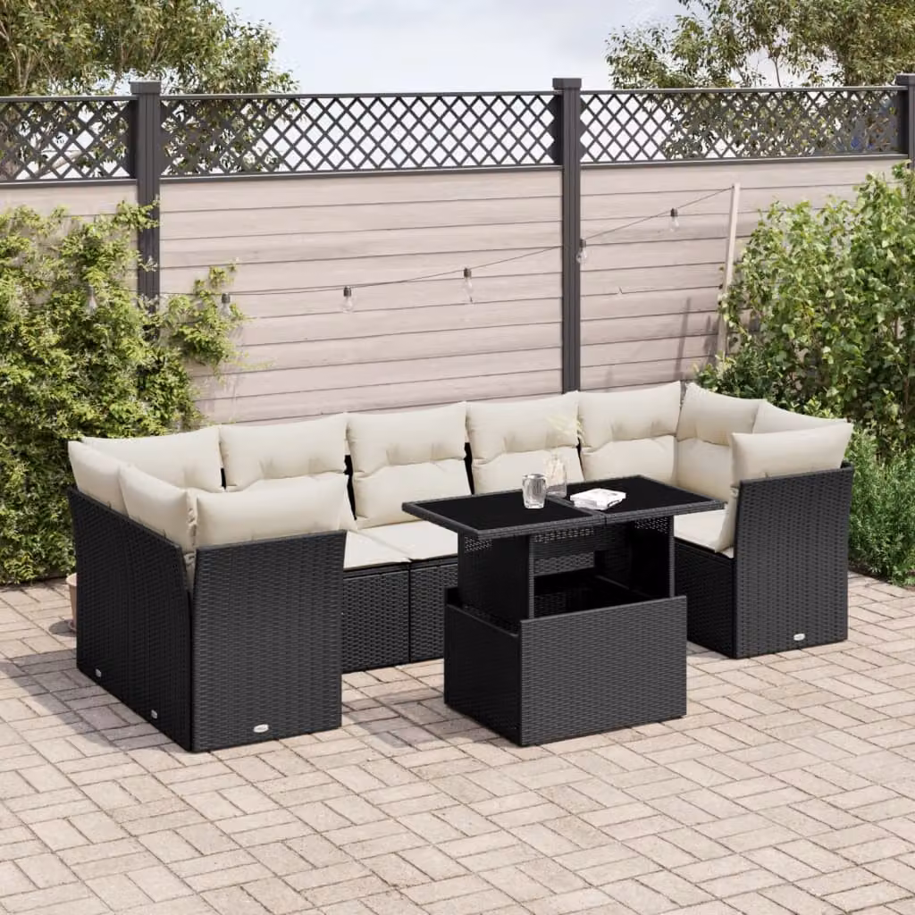 Set di divani da giardino vidaXL in polyrattan nero con cuscini e tavolino da esterno a forma di L – 1