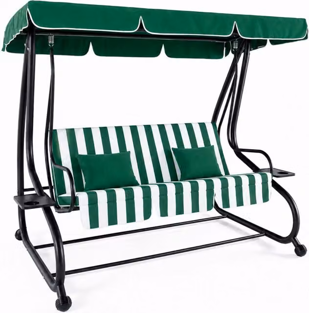 Dondolo 3 Posti Reclinabile Madeira Tettuccio Parasole Regolabile Cuscini Imbottiti Diventa Letto Struttura Robusta In Acciaio Verniciato Giardino Esterno Balcone Terrazzo 200 x 120 x 160 cm Verde E Bianco