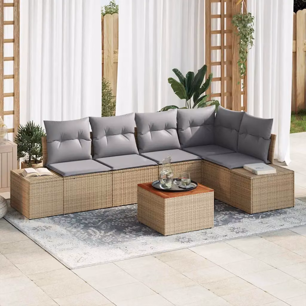 Set Divano da Giardino a L vidaXL in Polyrattan con Cuscini Beige e Grigio, 6 Pezzi – 1