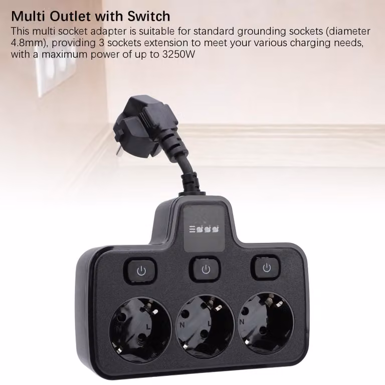 Prese multiple con interruttore indipendente, adattatore per prese multiple, prolunga con prese multiple da 3 vie e 2 pin con messa a terra, colore nero