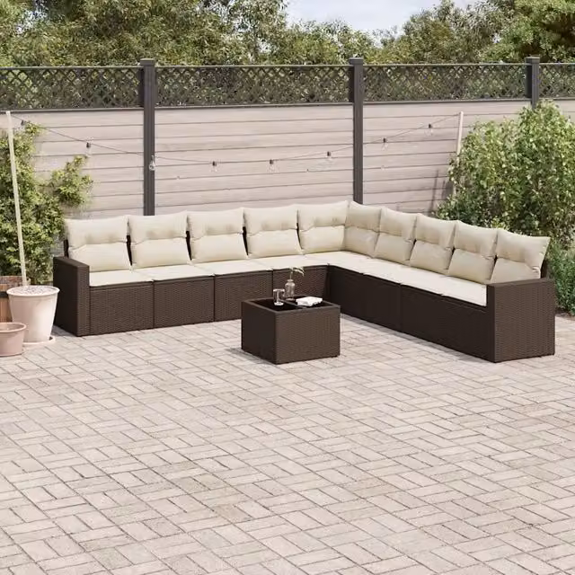 Set Divani da Giardino 10pz con Cuscini in Polyrattan Marrone 3219093
