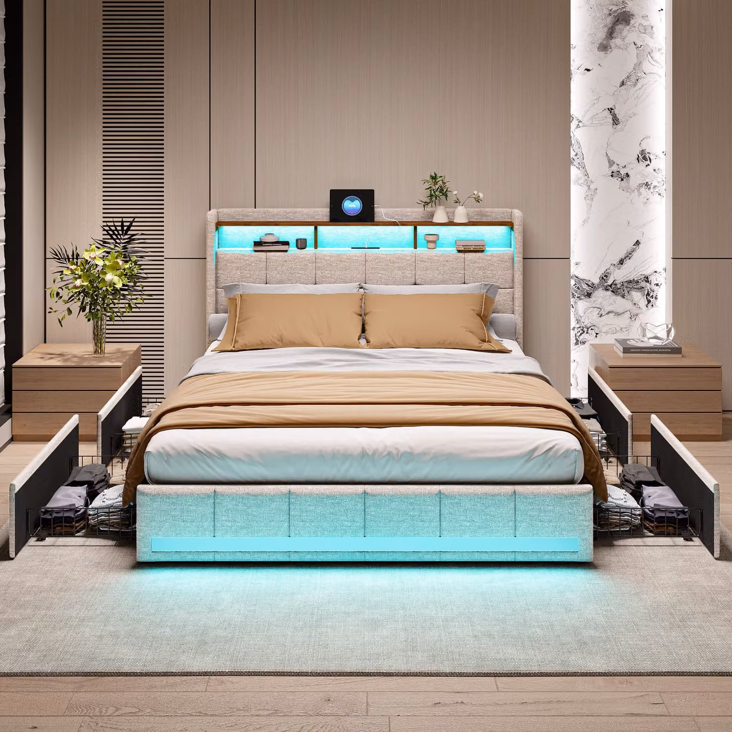 Letto imbottito 160x200cm con USB e prese di corrente, letto per ragazzi letto matrimoniale con 4 cassetti, letto contenitore letto in legno massiccio con LED/tipo C e rete a doghe, biancheria