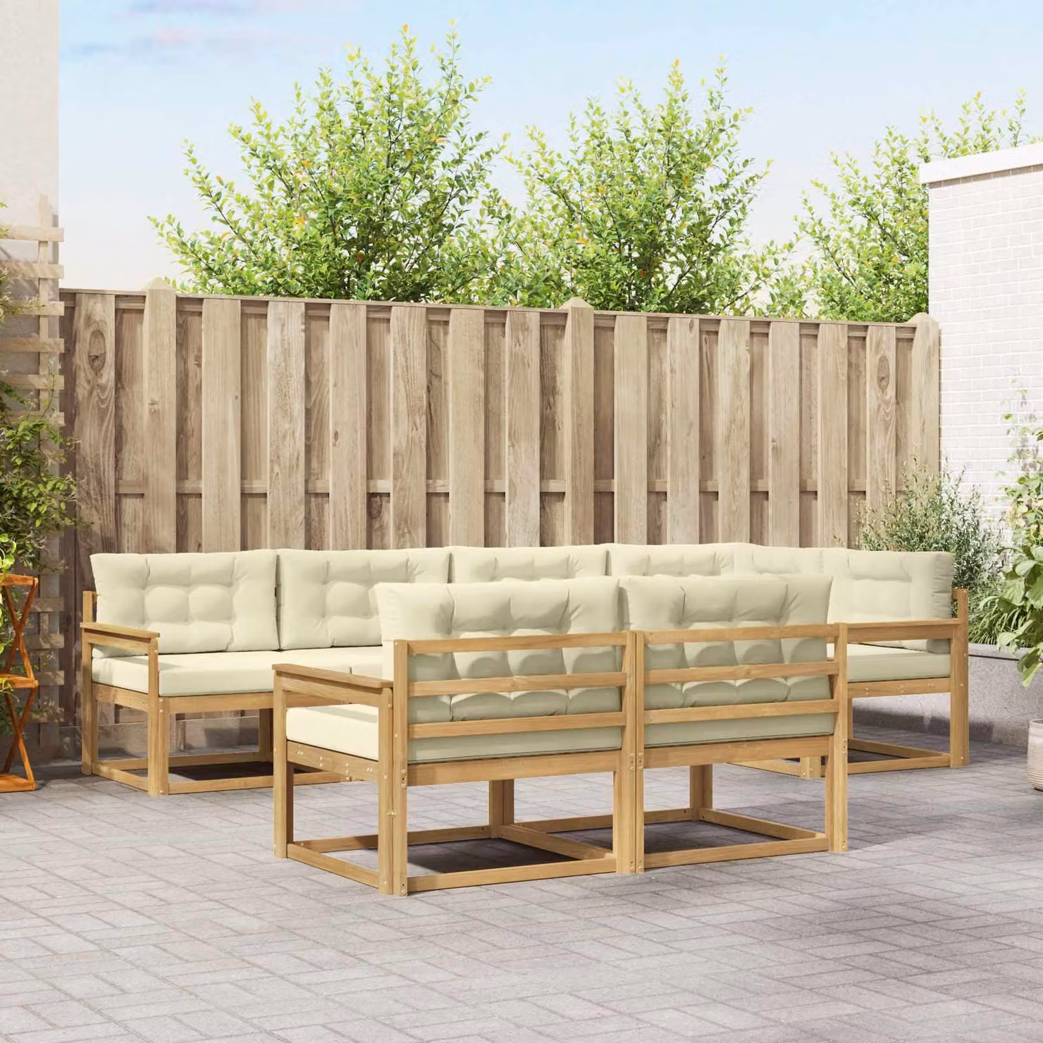 vidaXL Set di divani da esterno a forma di U composto da 6 pezzi in legno di acacia con cuscini bianchi e beige
