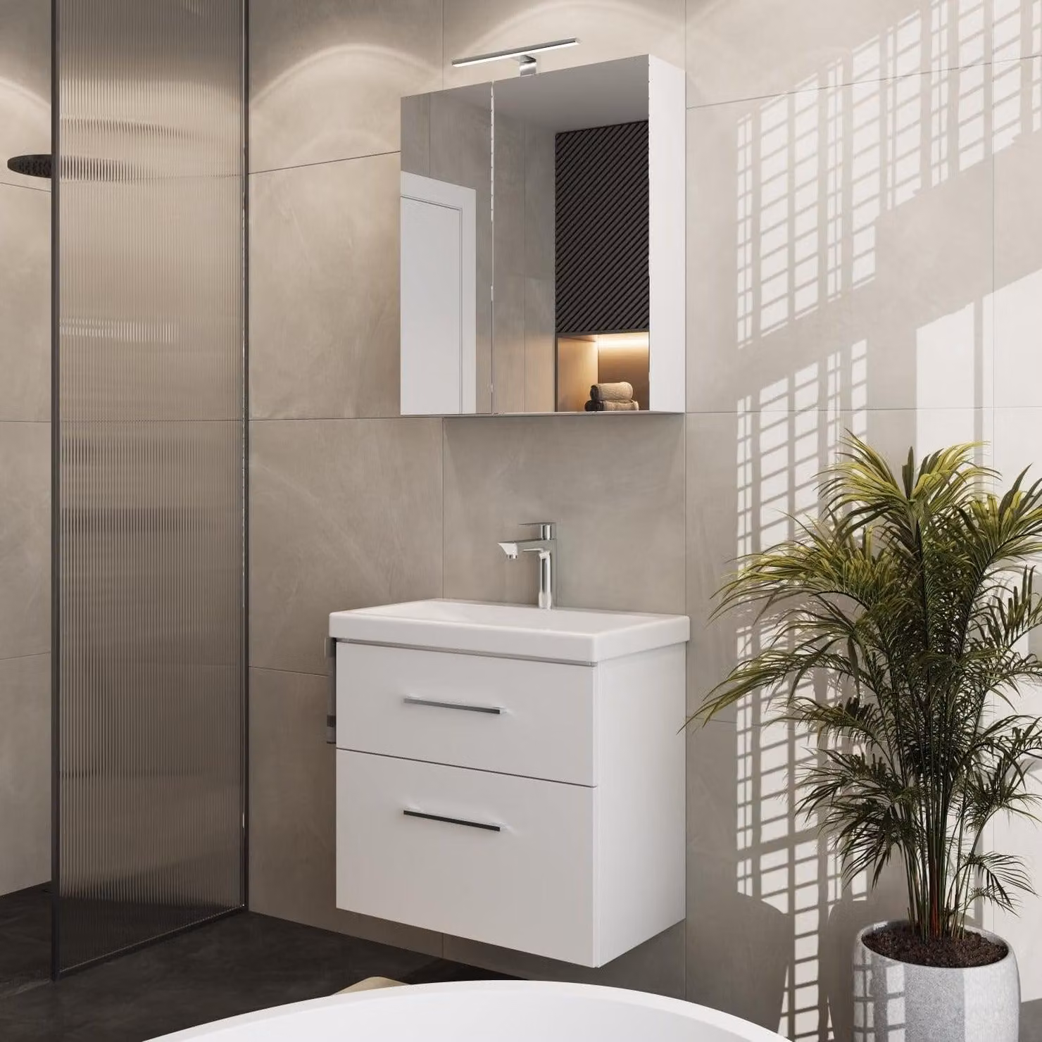 Set di mobili da bagno - Mobile da bagno - Mobile lavabo - Specchiera contenitore - Armadietto da bagno - Design compatto