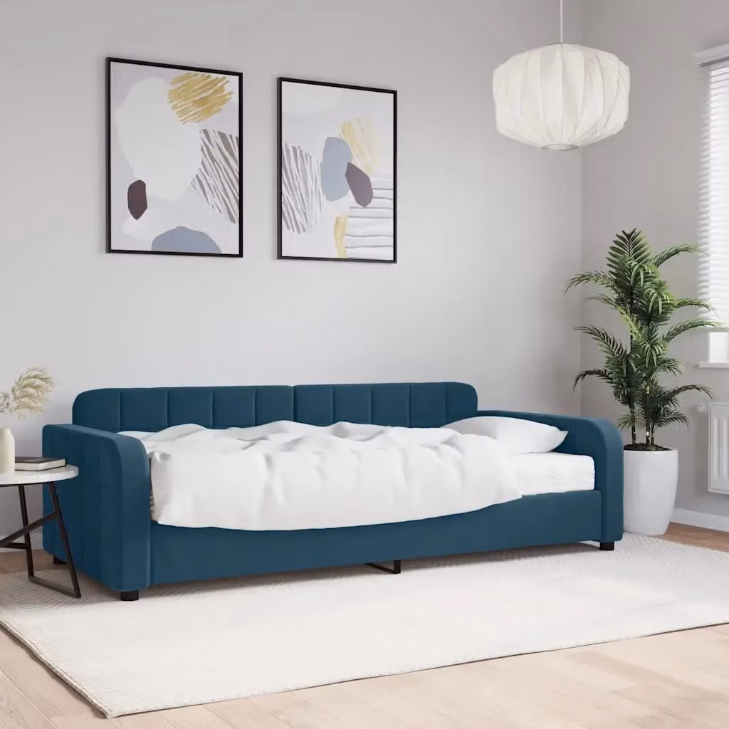 Divano letto singolo moderno in velluto blu con materasso, L/P/H: 90 x 200 cm – 2