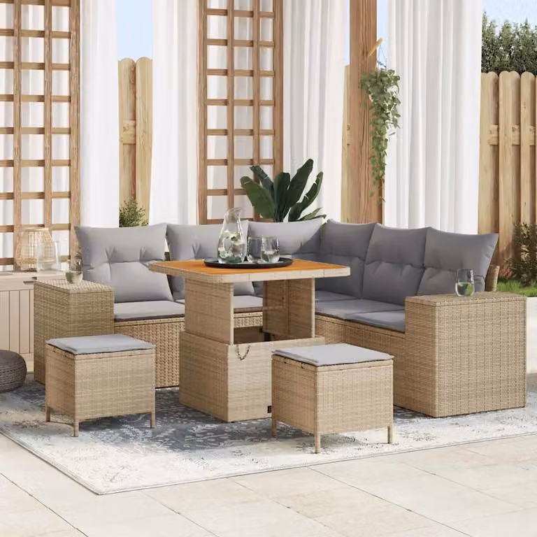 Set Divano da Giardino a L vidaXL 8 Pezzi con Tavolino e Ottoman, Colore Beige e Grigio