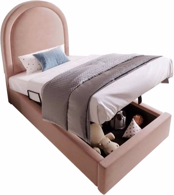 Letto singolo per bambini 90x200 in velluto rosa con contenitore e materasso