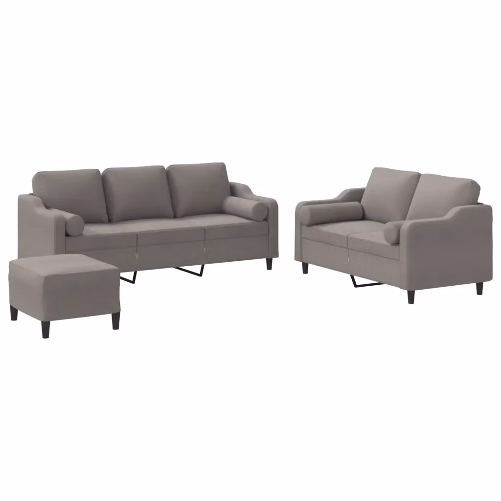 Set di Divani vidaXL 3 Pezzi con Ottoman in Tessuto Beige e Grigio per Soggiorno – 2